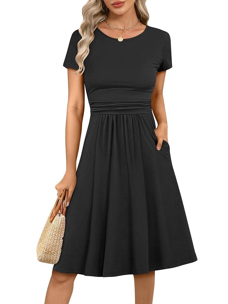 Prinbara Summer Dresses for Women 2025 Casual Fashion Short Sleeve Round Neck Pleated Dress Loose Comfort Flowy Dresses XL