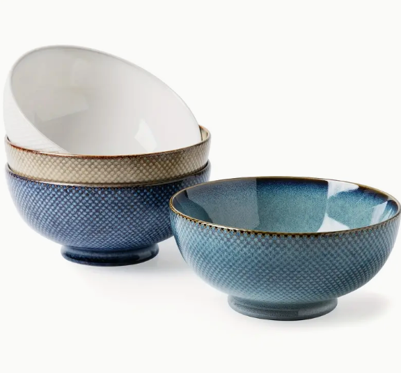 MONITO Embossed Ceramic Bowl Set, 28 oz Deep Soup Bowl, Kitchen Essential, 6.6 inch Ramen Bowls, Suitable for Salads, Pasta, Oatmeal, Ramen, Microwave and Dishwasher Safe, Set of 4