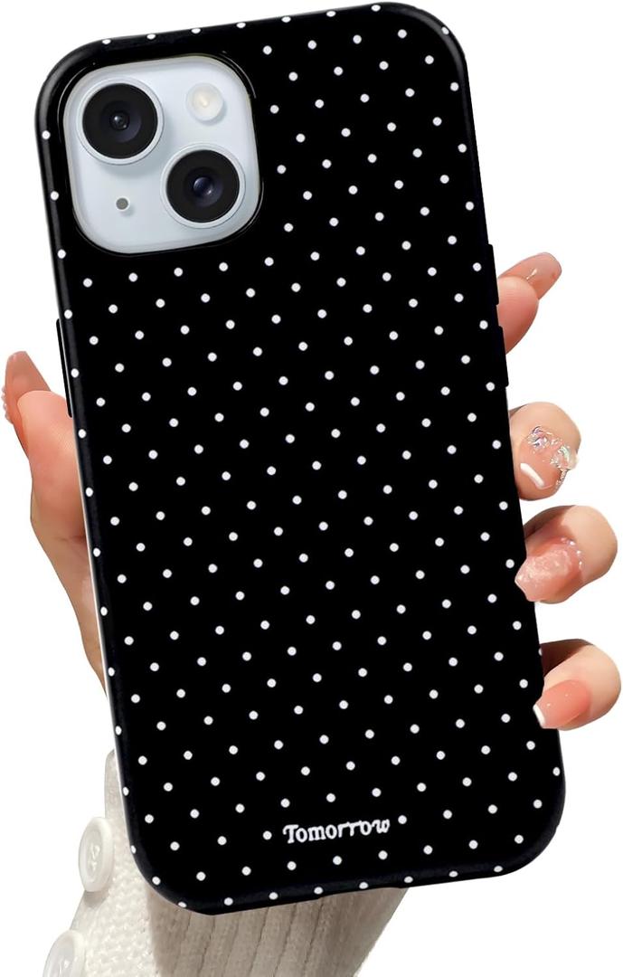 for iPhone 15 Case,Fashion Cute Aesthetic Polka Dot Pattern | Cover for Women | Shockproof Slim Soft TPU and Hard PC Protective Black