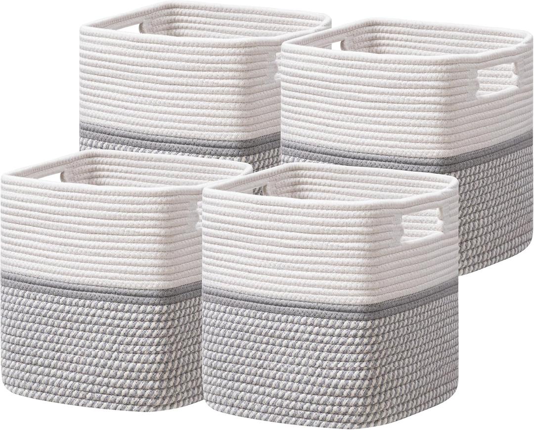 Dreamcountry 13x13 Cube Storage Bins, Storage Cubes with Handles, 4 Pack Cotton Rope Basket for Shelves, Cube Storage Organizer forToys, Book, Clothes, Home, Office, Nursery, Grey (Gray)