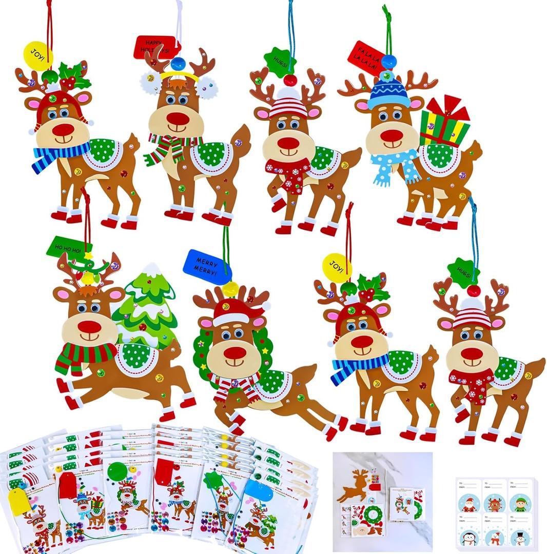 Winlyn 24 Sets Christmas Craft Kits Winter Crafts DIY Xmas Reindeer Ornaments Decorations Festive Foam Stickers Christmas Arts and Crafts for Kids Holiday Home Classroom Art Activities Party Favors