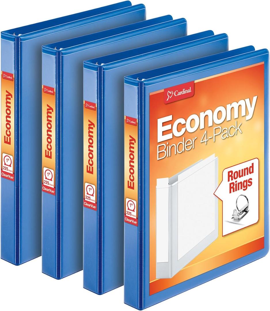 Cardinal Economy 3 Ring Binder, 1 Inch, Presentation View, Blue, Holds 225 Sheets, Nonstick, PVC Free, 4 Pack of Binders (79511)