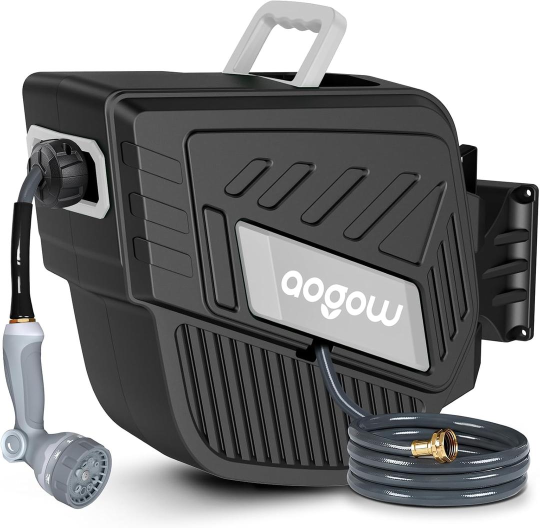 Retractable Garden Hose Reel: 1/2 in x 100 ft Wall Mount Hose Reel with Slow Auto Rewind & Any Length Lock, Brass Fittings, 180 Swivel, 10-Pattern Nozzle, Drain Outlet for Outdoor, Yard, Lawn