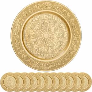 12 Pack Gold Charger Plates, 13 Inch Gold Round Chargers for Dinner Plates, Decorative Dinner Chargers, Antique Plastic Table Charger and Service Plates for Wedding Holiday Party