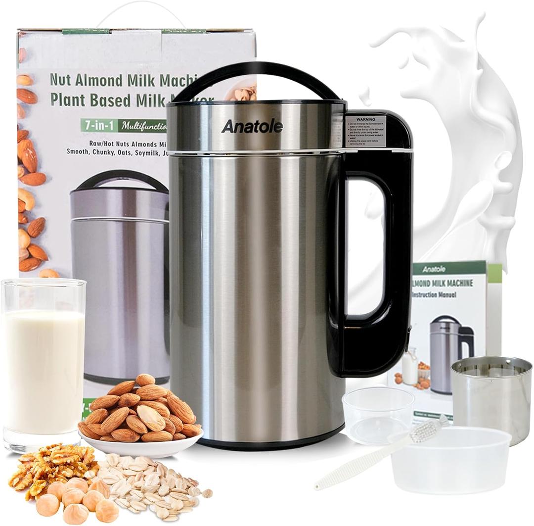 Anatole Nut Milk Maker 51oz 1500ml Stainless Steel Raw Almond Milk Machine 7-In-1 Automatic Soy Oat Cow Plant-Based Milk Homemade Dairy-Free Beverages with Filter Recipe 110V