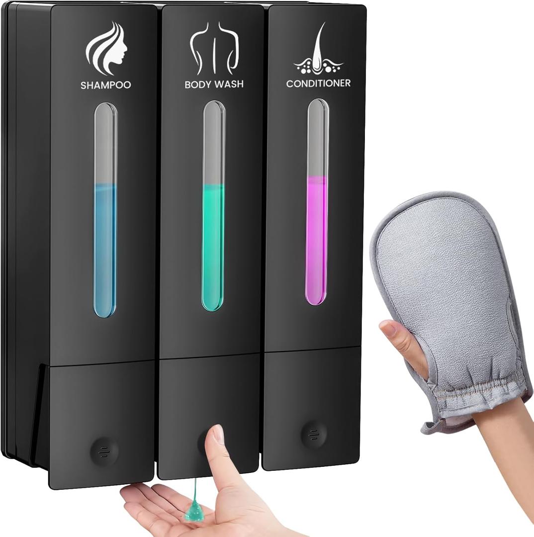 3 in 1 Shampoo and Conditioner Dispenser, 1200ML Capacity Shower Soap Dispenser Bathroom Set, 3 Chamber Shower Dispenser No Drill, Fashionable Wall Mounted Soap Dispenser for Bathroom & Hotel, Black 