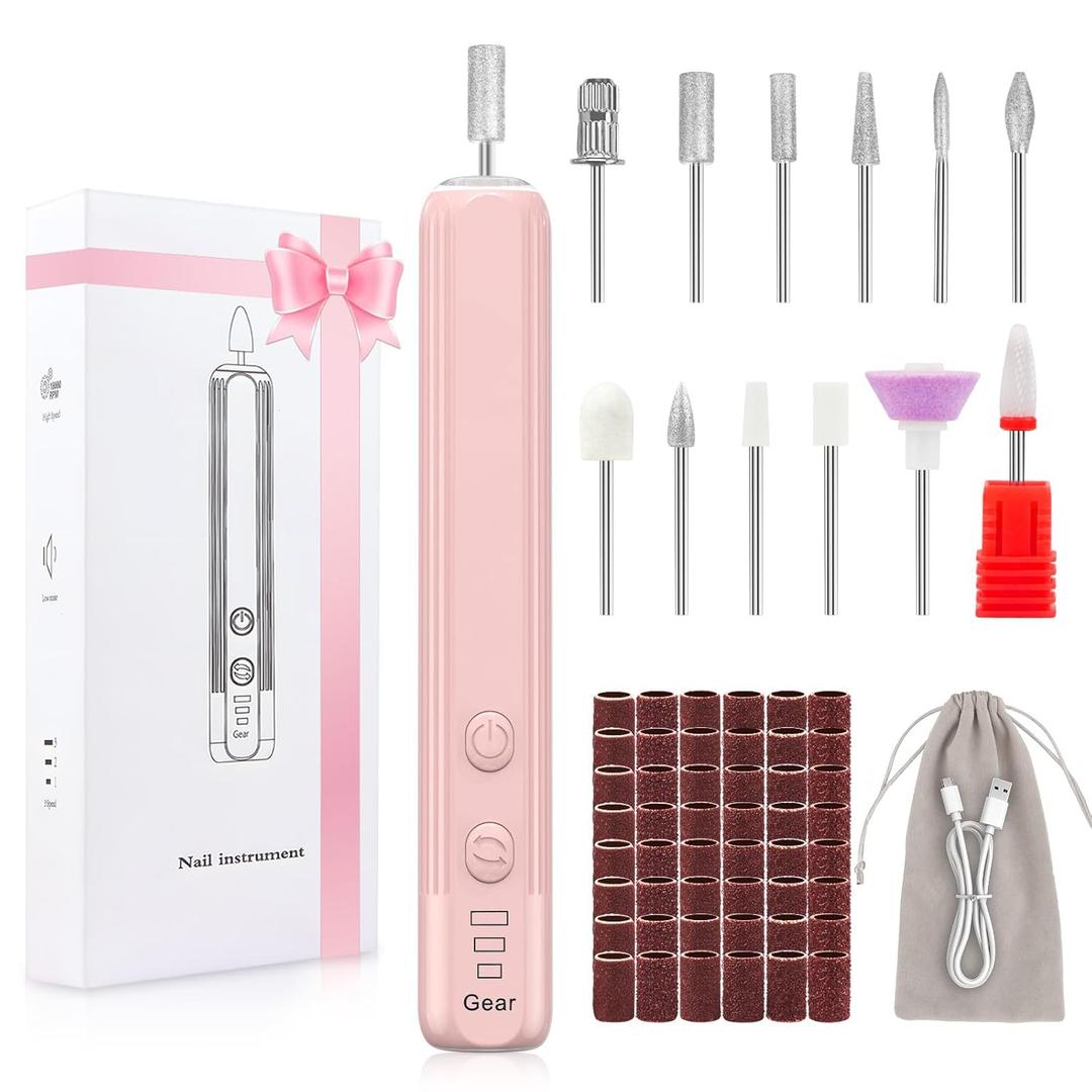 Professional Nail Drill Set, 2,0000 RPM Electric Nail File with 12 Grinding Head & 100Pcs Sanding Bands for Acrylic Gel Nails, Manicure and Polishing (Pink)