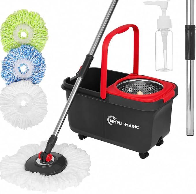 Simpli-Magic 360° Spin Mop and Bucket with Wringer – 3 High-Absorbent Microfiber Washable Heads, Soap Dispenser – Spinning Mop and Bucket Set for All Types Floor Cleaning, Red