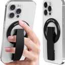 Magnetic-Phone-Grip-Stand, Magnetic Phone Ring Holder Kickstand with Silicone Finger Strap, Compatibility for iPhones, Androids, and More (Black)