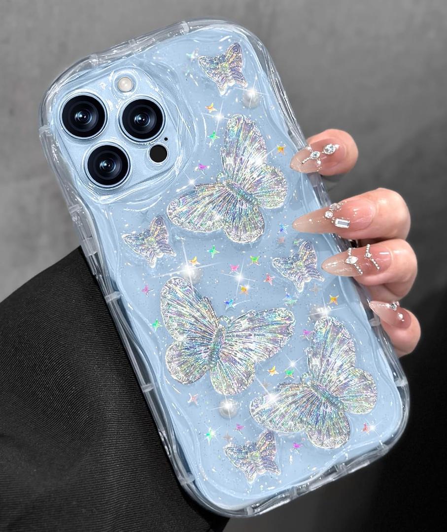 Toycamp for iPhone 13 Pro Case Cute - Women Girly Girls Glitter Phone Cover 13Pro Kawaii Sparkle Bling Shine Aesthetic Pretty Unique Wave Design Funda for Apple 13 Pro, Clear Butterfly