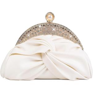 Womens PU Leather Woven Dumpling Purse with Pearl Chain, Crossbody Bag Evening Clutch for Wedding Party Prom (#2506-cream)