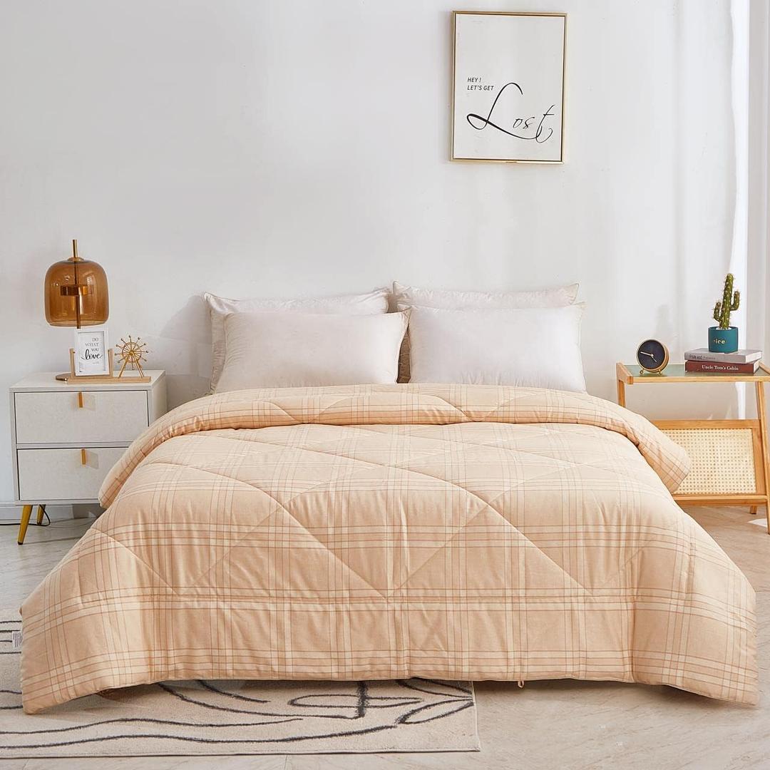 2025 Premium Upgraded Non-Vacuum Bed Quilt All Seasons 100% Cotton Filled Comforter - Reversible Lightweight Soft Breathable Fluffy (Plaid Full/Queen)