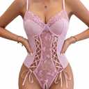 Avidlove Women's Lace Up Front V Neck Bustier Lingerie Sexy One Piece Teddy Lingerie Bodysuit Boudoir Outfit (XX-Large, Pink)