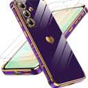 LeYi for Samsung Galaxy S25-FE Case: [ ] Screen Protector [2 Pcs] + Full Camera Lens Protection,Love Heart Plating Luxury Cell Android Basic Funda Para S25FE S 25 FE, D-Purple