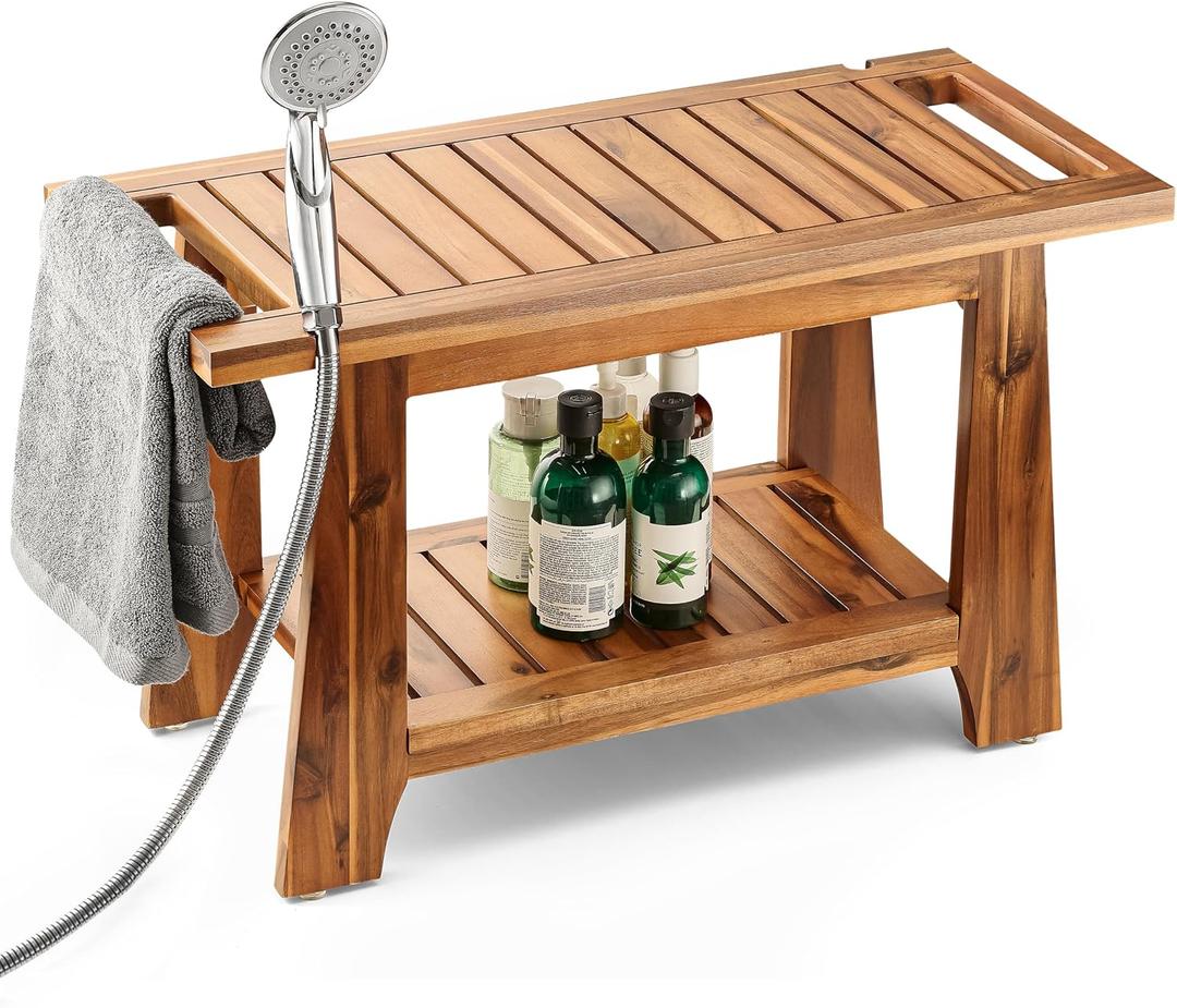 Tinamo 28" Shower Benches for Inside Shower - 400Lbs Capacity - Wooden Shower Stool Waterproof for Shaving Legs - Bench Seat with Storage Towel Shelf for Bathroom - Chair Spa Bath Nail Shave (Acacia)