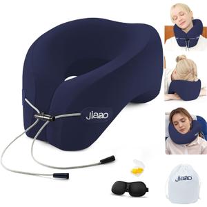 jiaao Neck Pillow Airplane, Ergonomic Memory Foam Travel Pillows for Long Flights, 3D Eye Masks, Ear Plugs and Portable Drawstring Bag, Napping Pillow for Home, Sleep Rest, Family and Travel Use (Dark Blue(drawstringe))