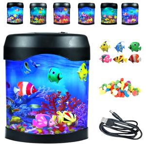 Fake Fish Tank, Aquarium Night Light, 6 Color Changing Lifelike Desk Electric Mood Lamps, Artificial Aquarium Tank with Moving Fishes, Home Decor, Gift for Kids, Adults, ADHD & Autism