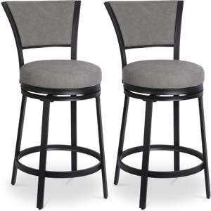 Bar Stools, Modern Counter Height Barstools Set of 2, 25" Faux Leather Round Swivel Bar Stools with Backrest, Upholstered Metal Bar Chairs for Kitchen Island, Kitchen Counter, Pub, Grey