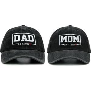 Funny Mom and Dad Est 2025 Hats, Gifts for New Parents, New Mom and Dad Hats, 3D Embroidered Adjustable Baseball Cap (Black, XXL)