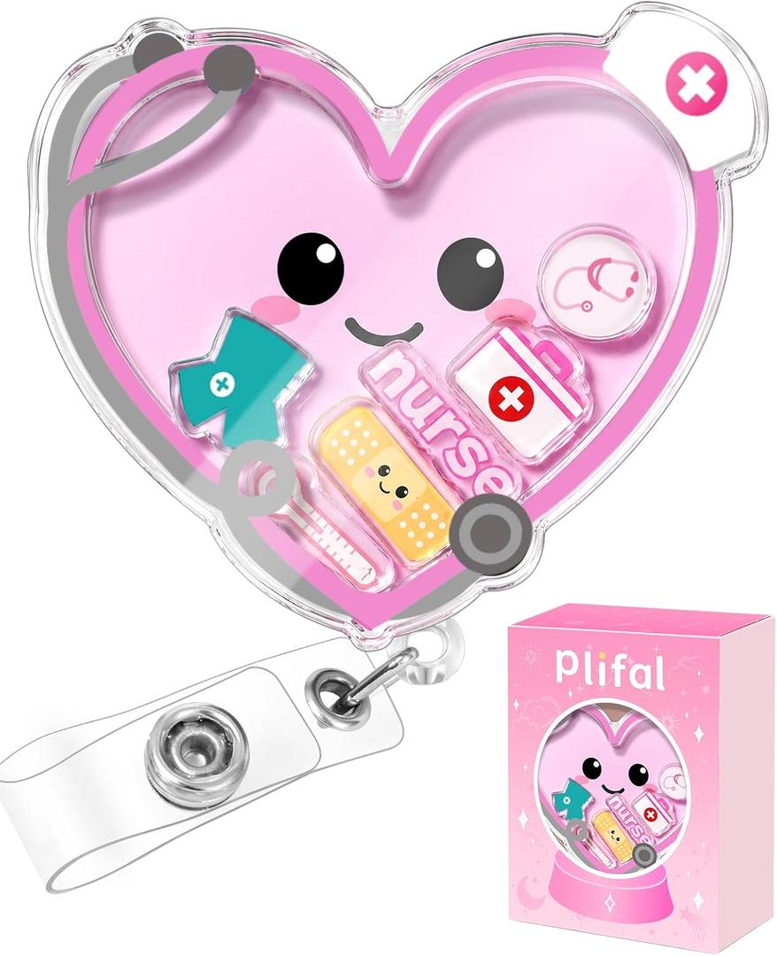 Plifal Nurse Shaker Badge Reel – Cute Pink Retractable ID Badge Holder with Alligator Clip Floating Glitter Design, Fun Medical Badge Reel for Nurses Healthcare Workers Women Gifts