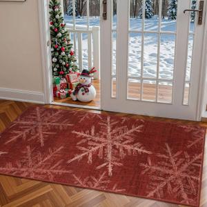 Lahome Snowflake Christmas Area Rug, 2x4 Washable Christmas Kitchen Rugs for Entryway Soft Doormat Indoor, Small Red Rug Non-Slip Holiday Decor Entryway Rugs for Bathroom Bedroom(2x4ft,Red)