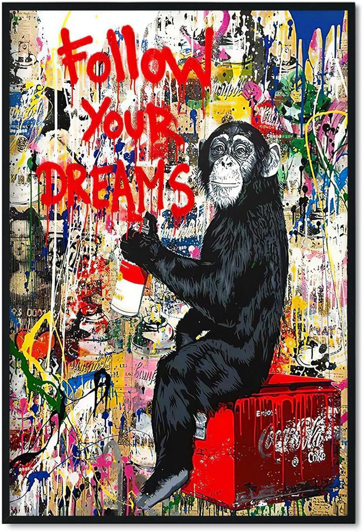Tanmart Banksy Canvas Wall Art Monkey Follow Your Dreams Street Graffiti Wall Art Banksy Prints Gorilla Poster Monkey Artwork Graffiti Pictures Painting for Home Living Room Decor 16x24 Inch Unframed