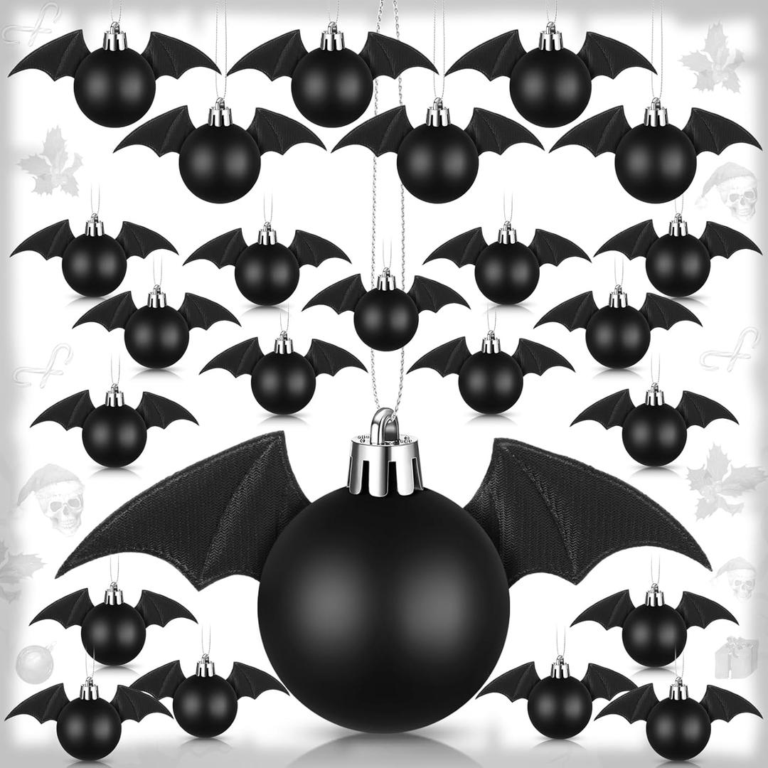 24 Pcs Gothic Halloween Bat Ornaments for Tree Black Christmas Tree Balls Ornaments Decorations 5.9 Inch 3D Twinkling Hanging Bats Decor with Wings for Xmas Halloween Decor(Black,Bat)