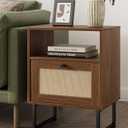 Masupu Extra Large Rattan Nightstand,Modern Boho Farmhouse Wood Bedside Table with Storage Drawer and Open Shelf, Black Frame Side End Table for Bedroom,Living Room,Office (Walnut)
