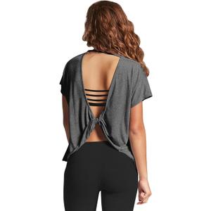 Mippo Womens Open Back Workout Tops Loose Short Sleeve Athletic Gym T Shirts (Medium)