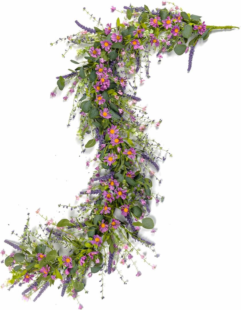 6ft Spring Flower Garland Faux Eucalyptus Greenery with Lavender Purple Daisy Wild Berry Artificial Vine for Easter Wedding Arch Decor Baby Shower Garland Mantle Table Centerpiece