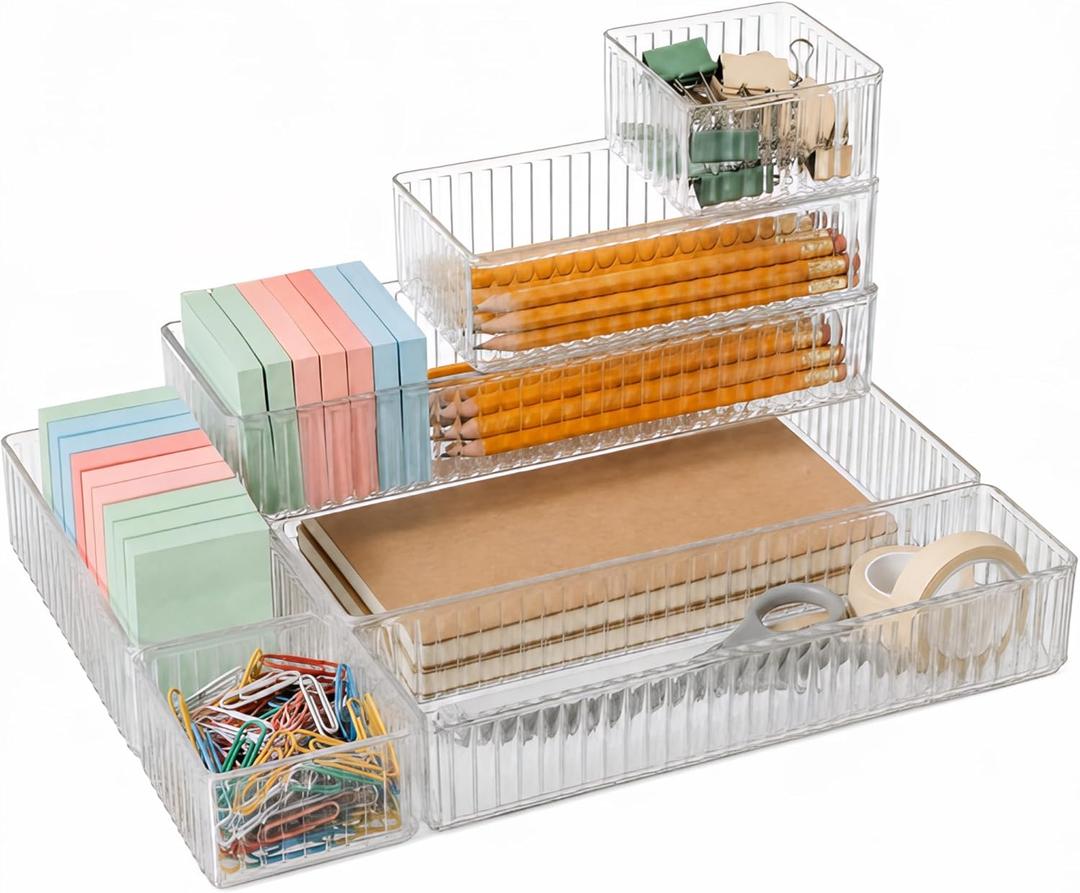 7 PCS Clear Drawer Organizer Bins, Stackable Office Desk Drawer Organizers with 7 Connector Clips, 4 Sizes Plastic Drawer Trays for Office Supplies, Bathroom, Vanity, Makeup & Kitchen