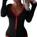 Roselux Women's Sexy Deep V Neck Shorts Long Sleeve Knitted One Piece Bodysuit Sexy Pajama Onesie Bodycon Rompers Overall (Large)