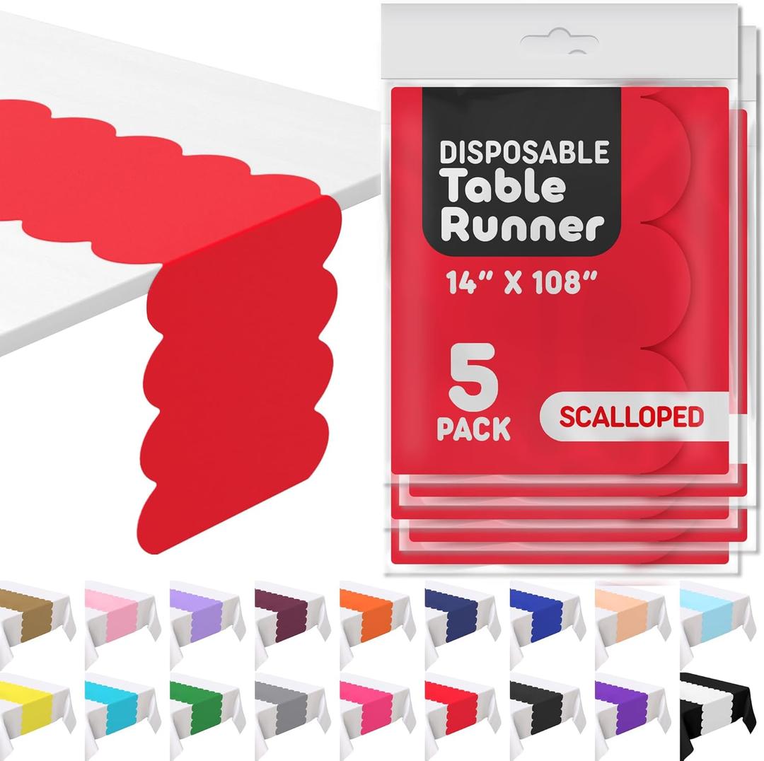 Red Plastic Disposable Table Runner. 5 Pack 14 x 108 inch. Scallop Table Runner Adds A Pop of Color to Your Party Table, by Swanoo