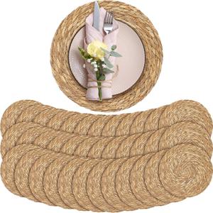 Aneco 36 Pack 13.8-Inch Round Woven Placemats Natural Hand-Woven Boho Rattan Wicker Bulrush Placemat Farmhouse Rustic Braided Table Mats for Dining & Kitchen Decor