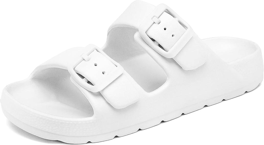 INMINPIN Boys Girls Double Buckle Slide Sandals Comfort Beach Pool Shower Slippers Adjustable Indoor Outdoor Little Kid/Big Kid (Pure White)