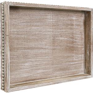 Wooden Decorative Tray, Rectangular Serving Tray with Wood Bead, Farmhouse Big Tray for Ottoman, Countertop, Coffee Tabl, 16.5" x 13"x 1.6" (White Washed)