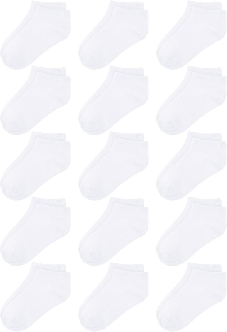 Cooraby 15 Pack Kids' Half Cushion Low Cut Athletic Ankle Socks Boys Girls Ankle Socks (10-15 Years, White)