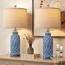 Woven Resin Table Lamps Set of 2, Farmhouse Table Lamps with USB Ports, Touch Button Switch Beside Lamps, Resin Desk Lamp, Linen Shade, Nightstand Lamp for Living Room Bedroom Decor (2 Bulbs Included)