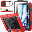 SEYMAC stock Case for iPad Air 11-inch M4-M2 2026-2024 (Gen 8-6), Shockproof Heavy Duty Case with Screen Protector, Pencil Holder, Rotating Stand, Hand Strap, Shoulder Strap, Red