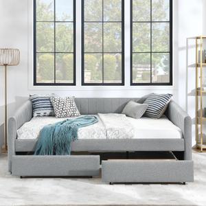 KEIKI Queen Size Linen Upholstery Daybed with 2 Drawers, Modern Tufted Corner Sofa Bed Frame with Solid Wooden Slats, Easy Assembly, No Box Spring Required, for Living Room, Bedroom, Grey