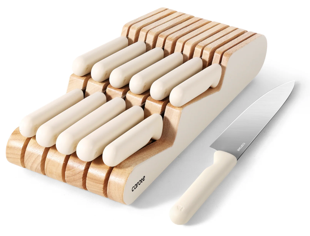 CAROTE 12Pcs Kitchen Knife Set, Dishwasher Safe knife set with Wooden In-Drawer Knife Block, Drawer Knife Set with Razor-Sharp Blades, 6 Steak Knives, Cream White