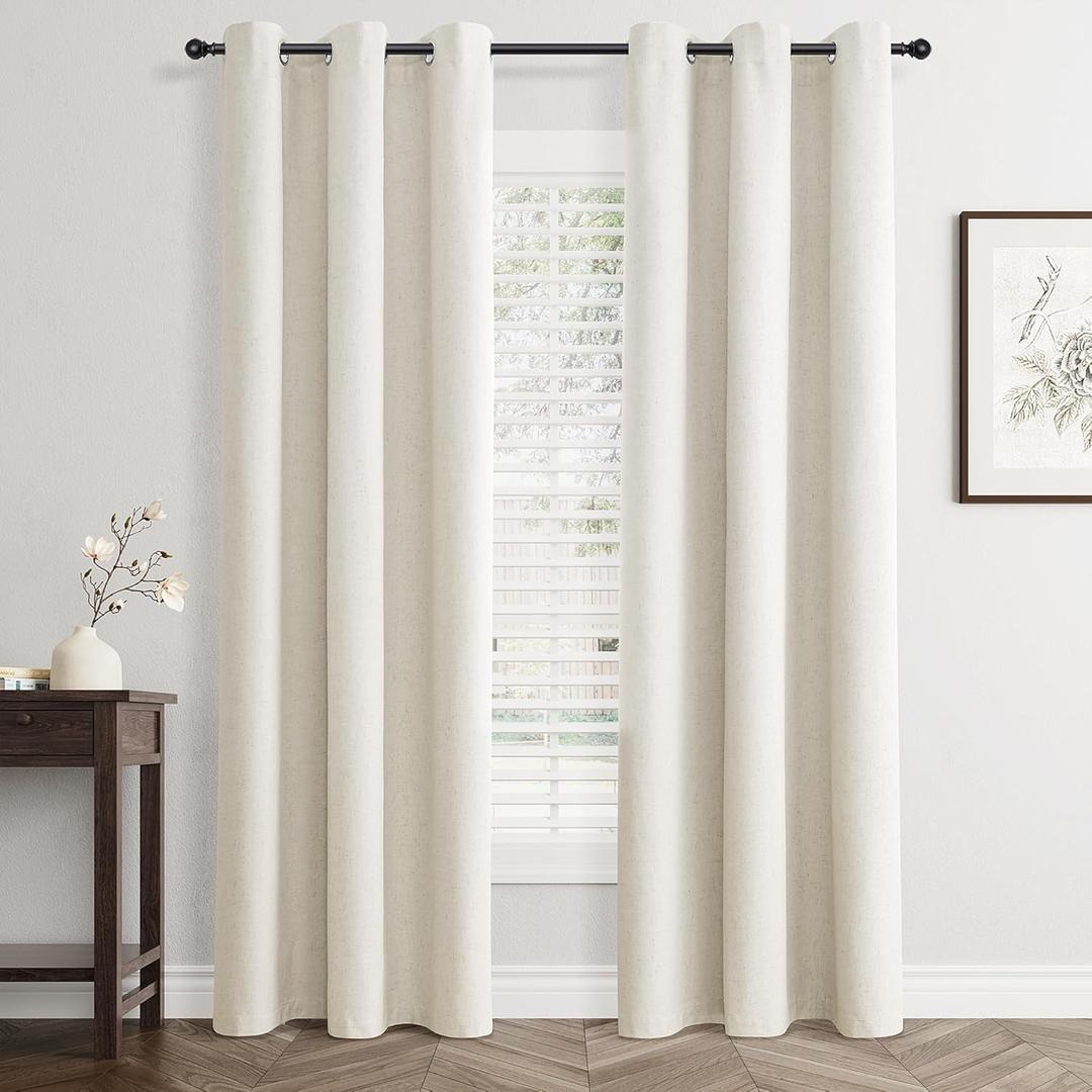 Cream Linen Blackout Curtains for Bedroom with White Liner, Thick Layers Total Blackout Thermal Insulated Grommet Window Curtains 84 Inch Length 2 Panels Set (42 x 84 Inch) (Natural)