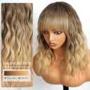 Ombre Blonde Wig with Bangs Short Wavy Bob Wigs for Women Realistic Curly Hair Wigs Shoulder Length Style Synthetic Heat Resistant Wig for Everyday Hairstyle 16 Inch