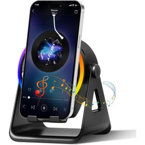Wireless Induction Bluetooth Speaker, 4-in-1 with 360 Rotating Phone Holder and RGB Ambient Light, High-Definition Surround Sound (Black)