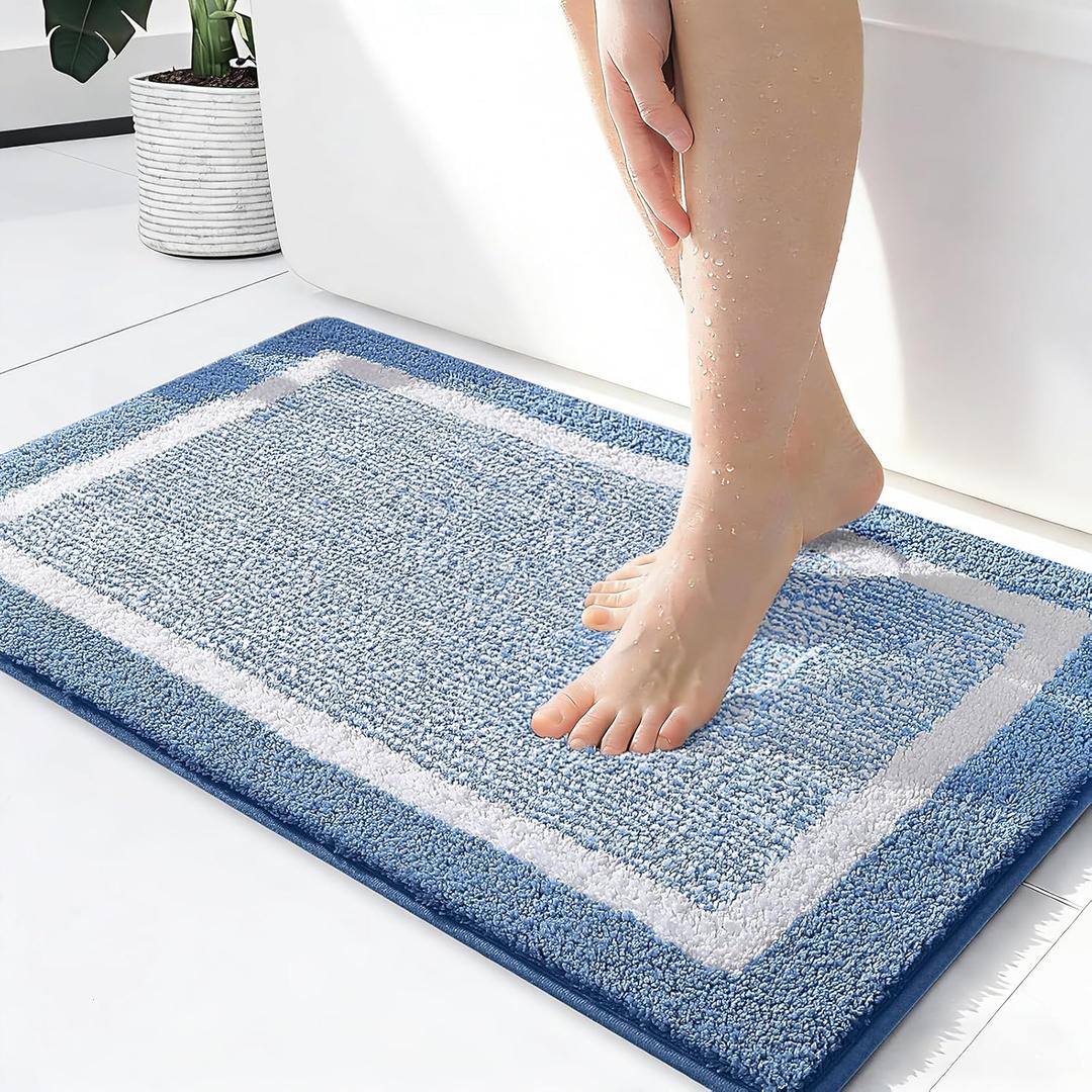 OLANLY Bathroom Rugs 24x16, Extra Soft and Absorbent Microfiber Bath Mat, Non-Slip, Machine Washable, Quick Dry Shaggy Bath Carpet, Suitable for Bathroom Floor, Tub, Shower (Small, Blue)