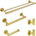 Gold 5-Pieces Bathroom Hardware Set Wall Mounted - Includes 24" Double Towel Bar, 12" Hand Towel Bar, Toilet Paper Holder, 2X Robe Towel Hooks