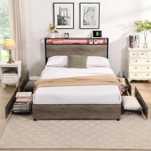 Queen Bed Frame - 86.8x60.2x39.4 Inches with 4 Storage Drawers, Storage Headboard (2 Standard Plug Outlets, 2 USB Ports), Smart LED Lights, Easy Assembly, No Box Spring Needed