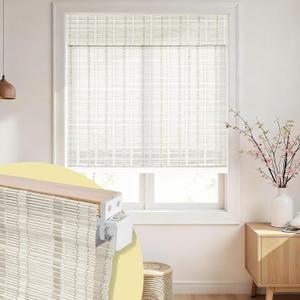 No Drill No Tools Bamboo Roman Shades, Cordless Light Filtering Window Blinds with Valance, Natural Woven Wood Shades for Living Room Dining Room, WhiteSheer-View, 30" W x 48" H