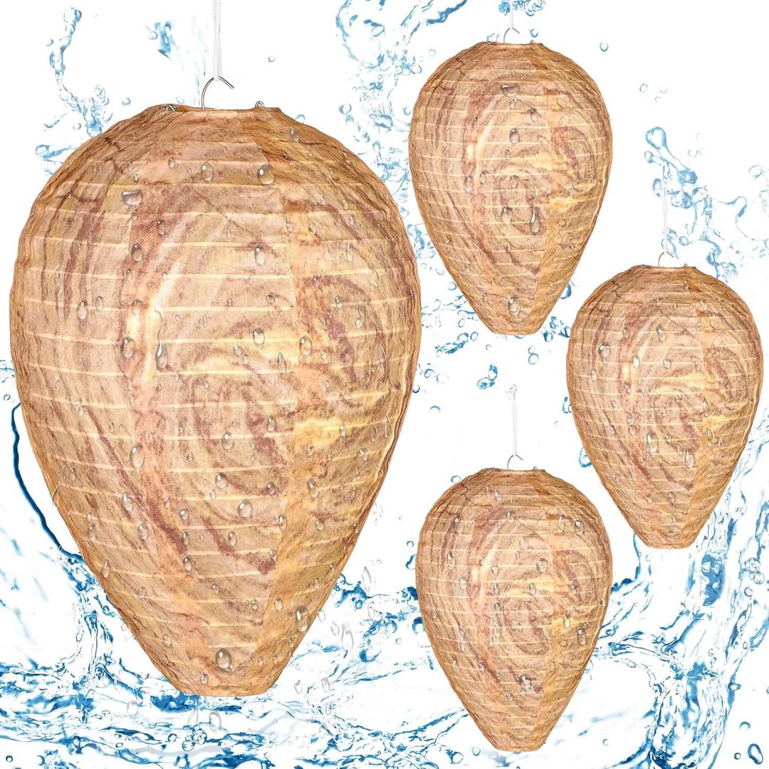 DECYOOL 4 Pack Wasp Nest Decoy Hanging Wasp for Wasps Hornets Yellow Jackets Outdoor Waterproof Material (Dark Brown)