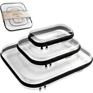 Clear Hard Shell Zipper Case 1.1mm Set S+M+L, Premium Plastic Hardshell Pouches and Storage Boxes for Clothes, Toys, Makeup, Toiletry & Travel, Zip Up Organizer Bags and Packing Cubes.